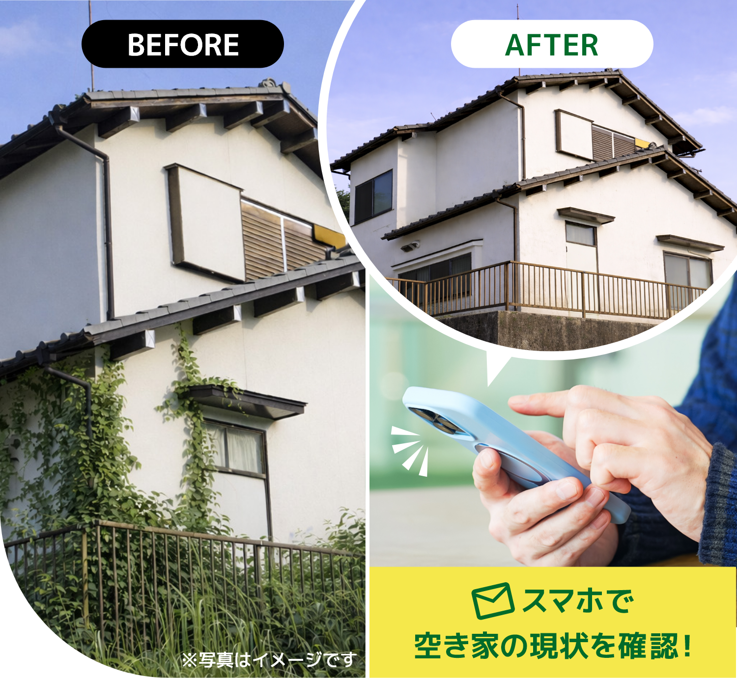 空き家のお悩みダスキンにおまかせください 毎年の草抜きがホントに大変！ プロによる雑草対策 気にはなるけど、そんなに通えない 毎月訪問して外観チェック＆状況報告 ご近所の目も気になるし 近隣からのご伝言窓口に